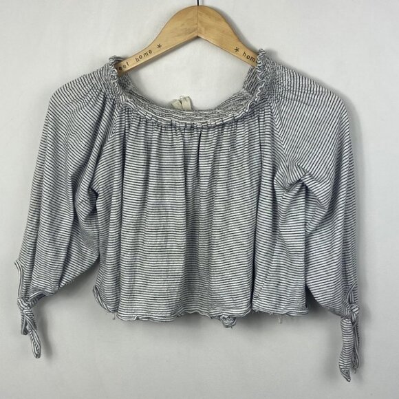 Free People Lexington Striped Off‎ Shoulder Top Size XS Black White Tie Sleeve - Picture 10 of 11